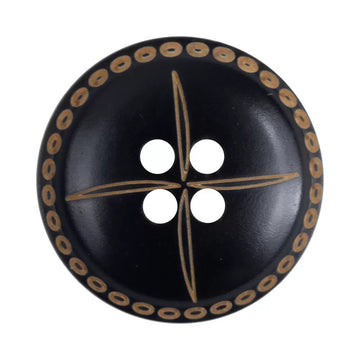 Black convex horn buttons, laser-engraved starburst, 4-hole front, 15/20/25mm, 12pcs