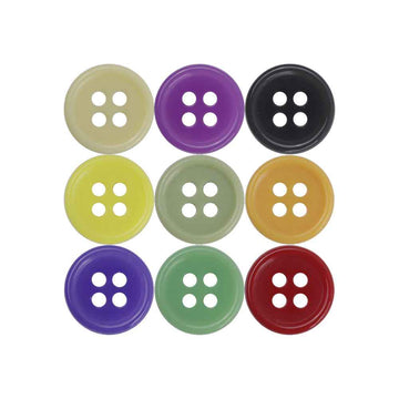 Round 4-hole urea buttons in mixed colors (green, purple, dark, yellow)