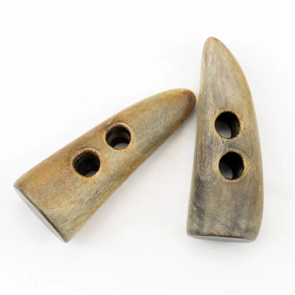 Vintage horn-look toggle buttons, burnt tan pair with two holes each