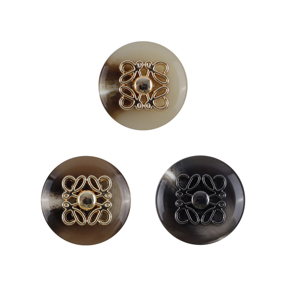 Round metal-and-resin buttons with shanks, decorative filigree clover front, mixed dark and light