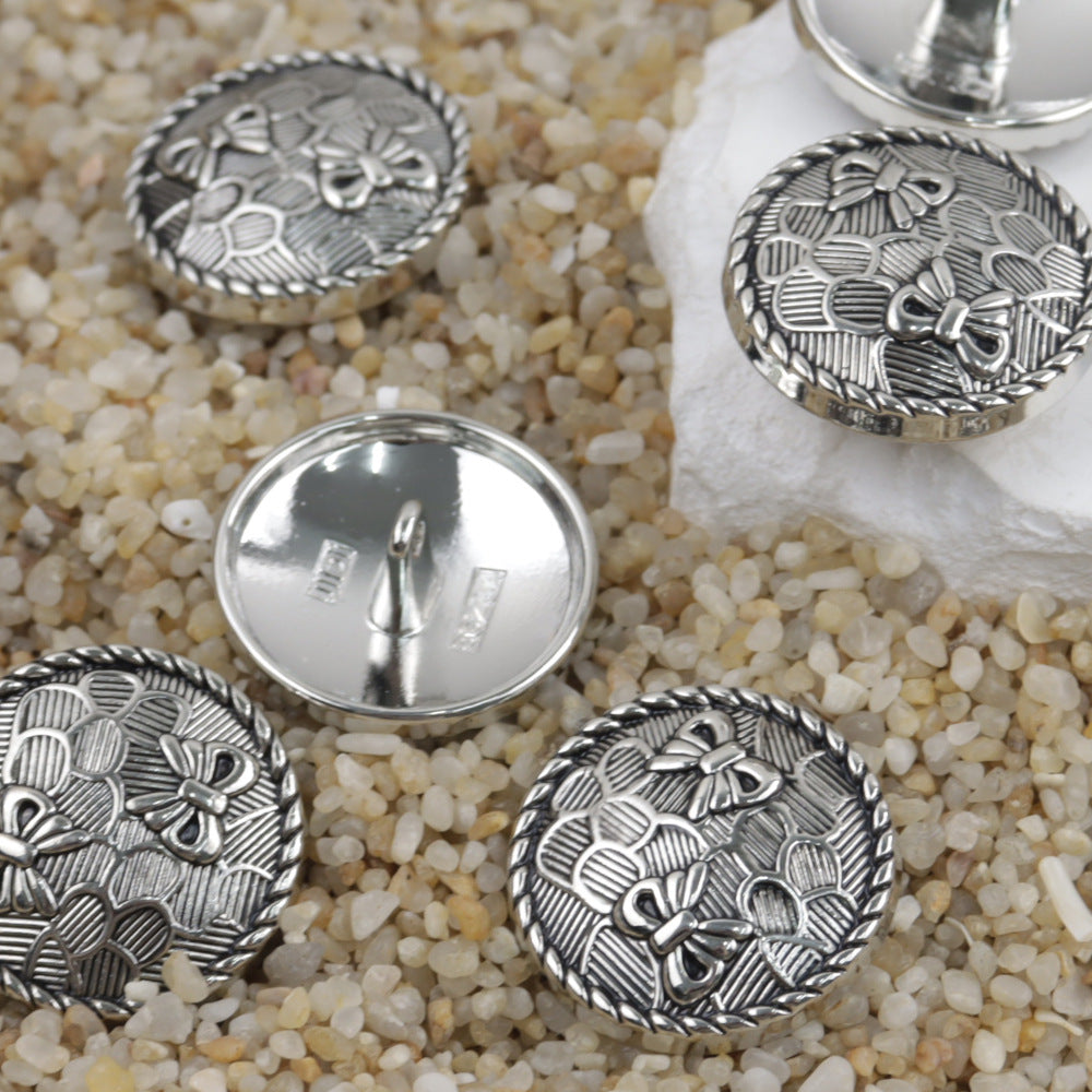 Silver metal shank button, round bowknot floral engraving with stitched border