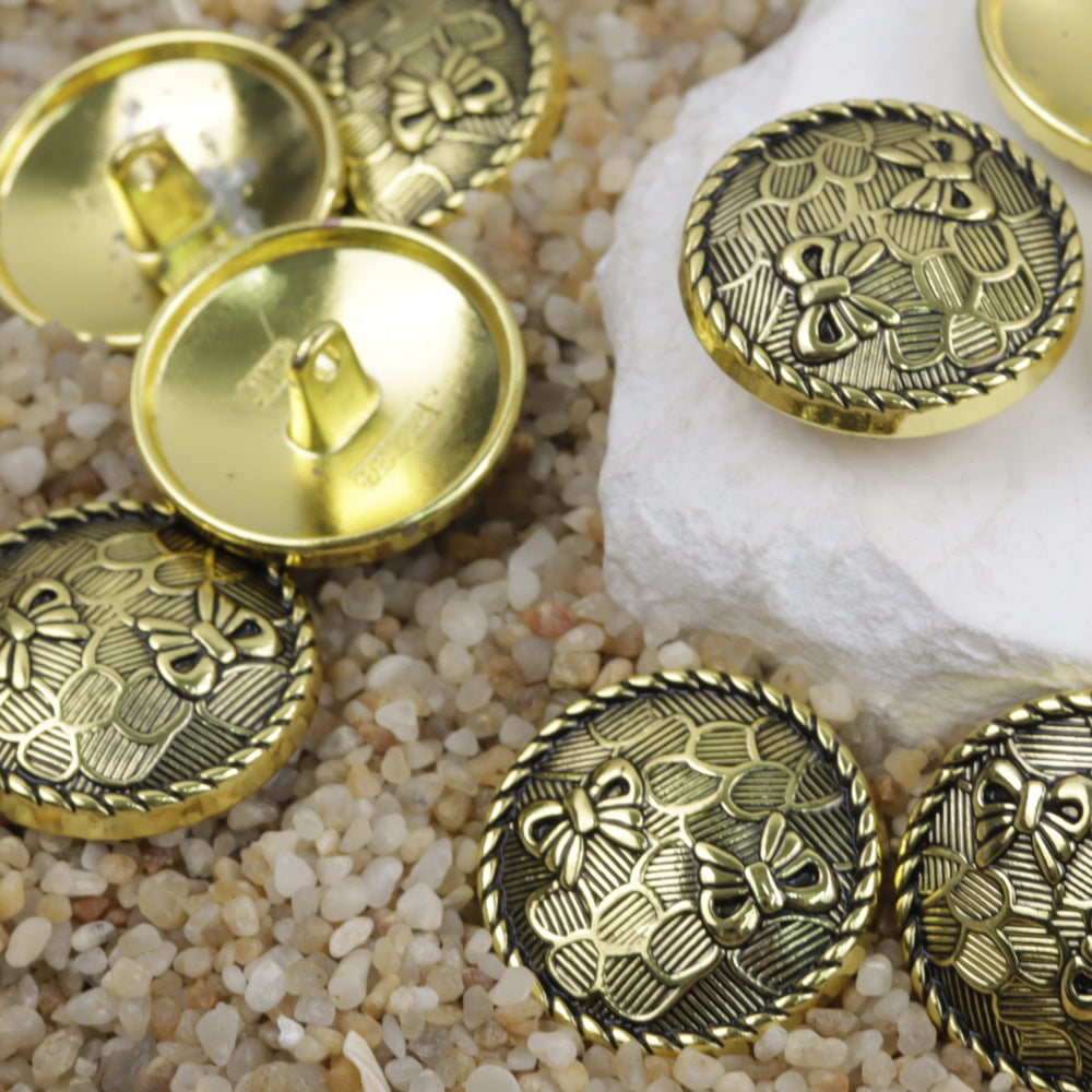 Gold metal shank button, round bowknot floral engraving with raised rim