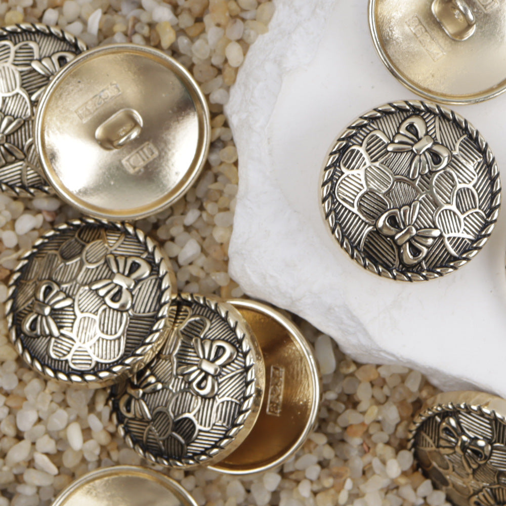 Antique metal shank buttons, bowknot floral front and back, mixed silver and gold