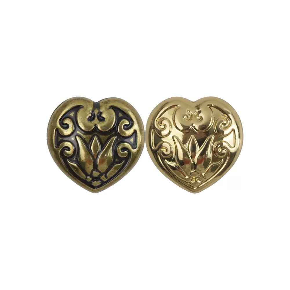 Herzförmige Metall-Knöpfe mit Schaft, antike Bronze und Gold, dekoratives Muster