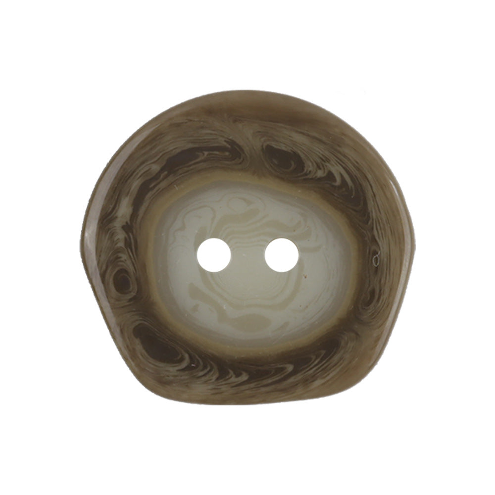Irregular 2-hole resin button, beige and brown marbled swirl pattern
