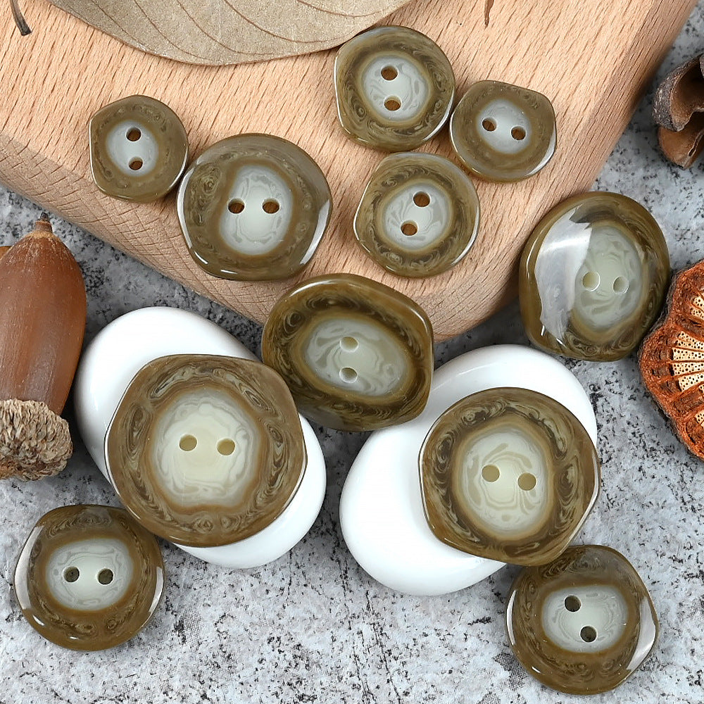 Set of irregular 2-hole resin buttons, beige and brown marbled swirl design
