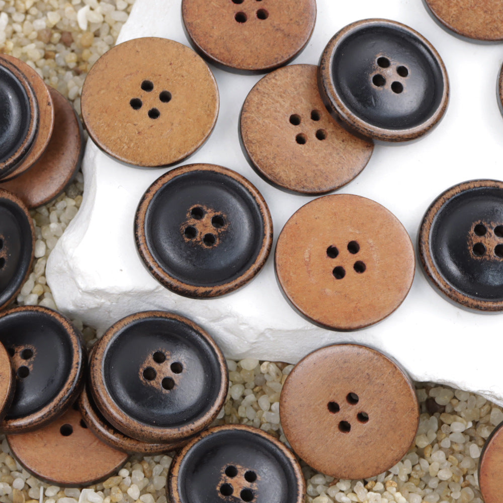 Mixed round wooden buttons with four holes: black and tan/brown