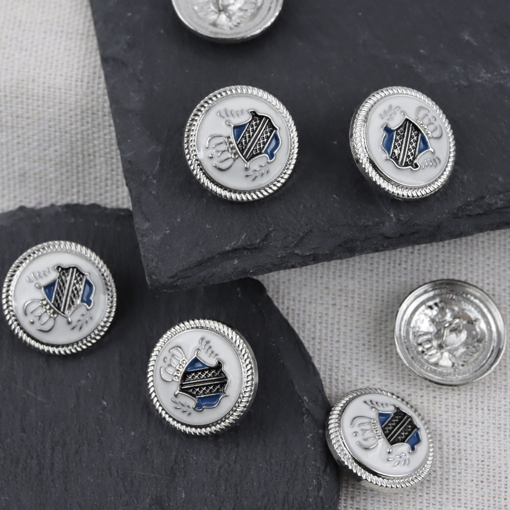 Boutons métal à tige, finition argent, écusson bleu et noir