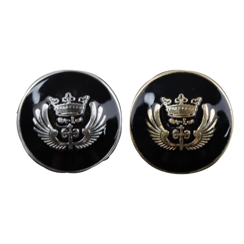 Black metal shank crown buttons, silver-tone rim and crest, 11.5–25mm, 30 pcs