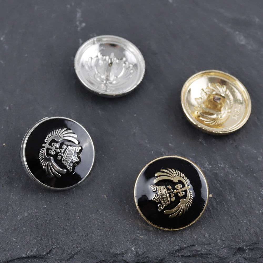 Black crown buttons, mixed silver and gold rims, 11.5–25mm metal shank, 30 pcs