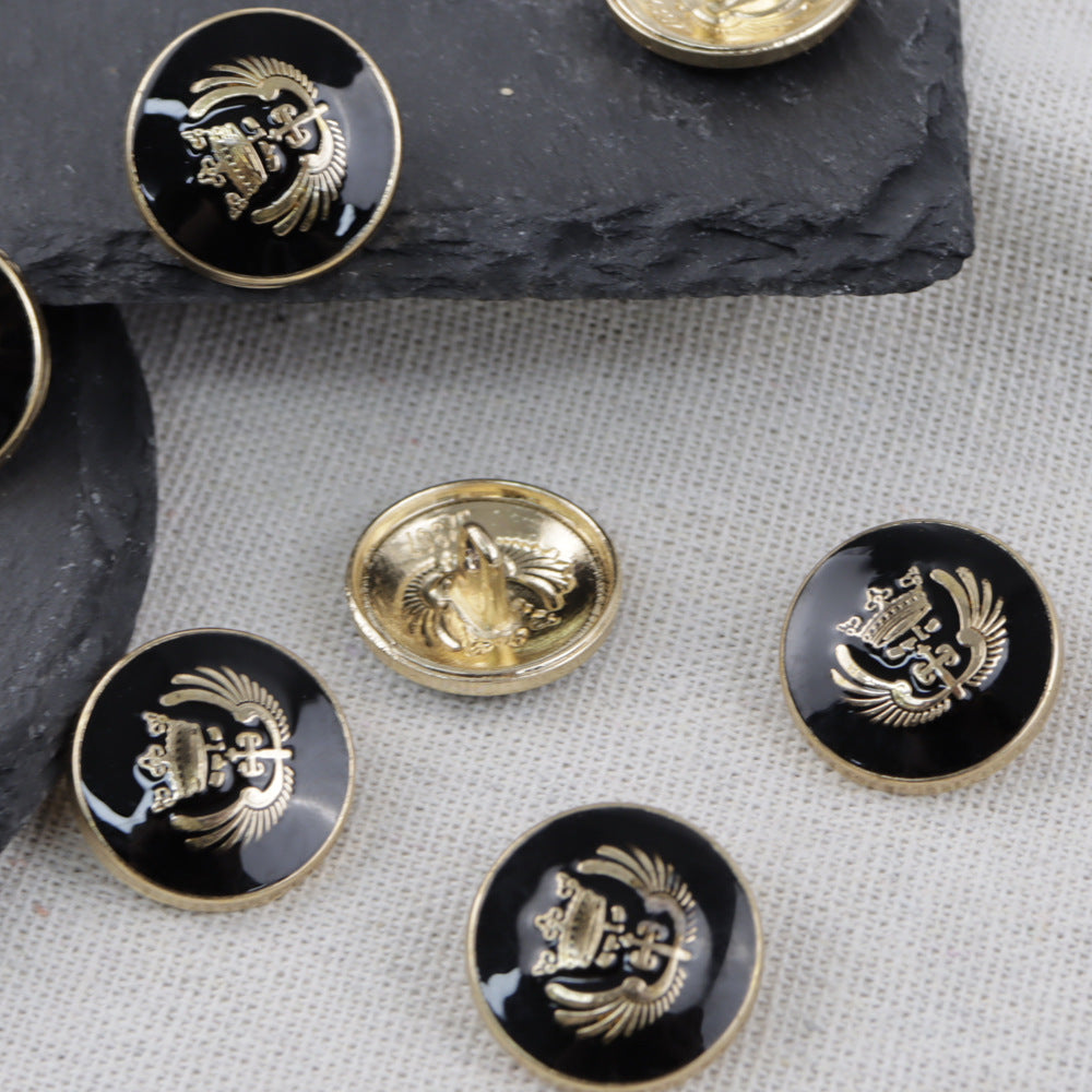 Black crown buttons with gold-tone rim and crest, 11.5–25mm, 30 pcs