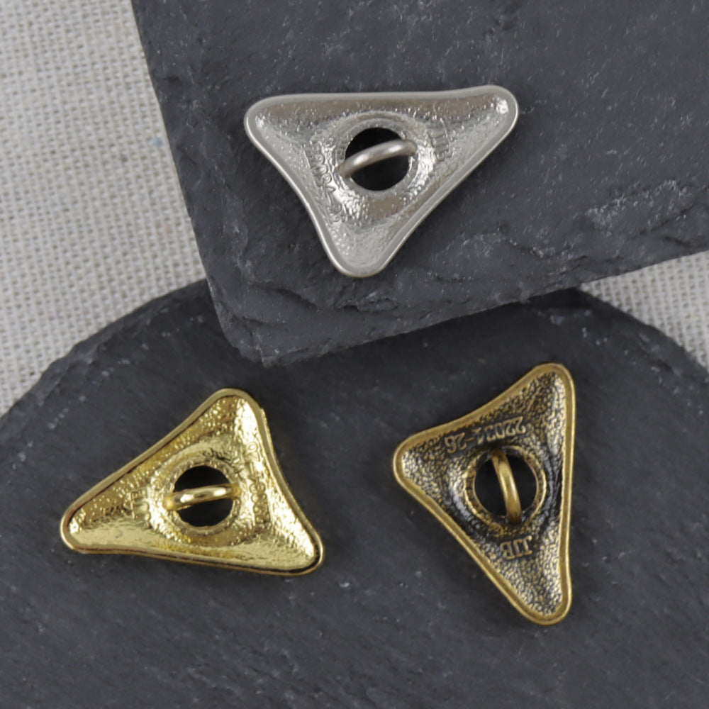 Triangular alloy buttons: gold and silver tones, round shank hole for hand sewing
