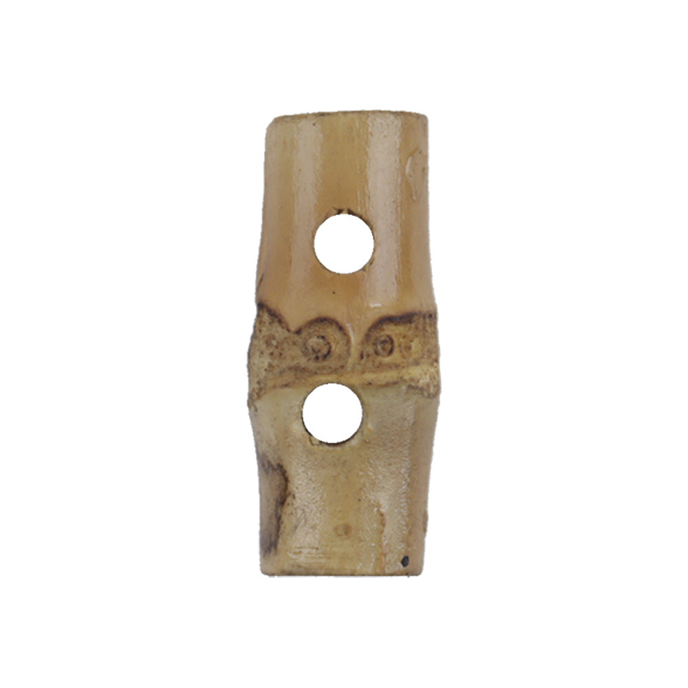 Natural bamboo two-hole toggle button with Chinese knot carving, tan with dark marks
