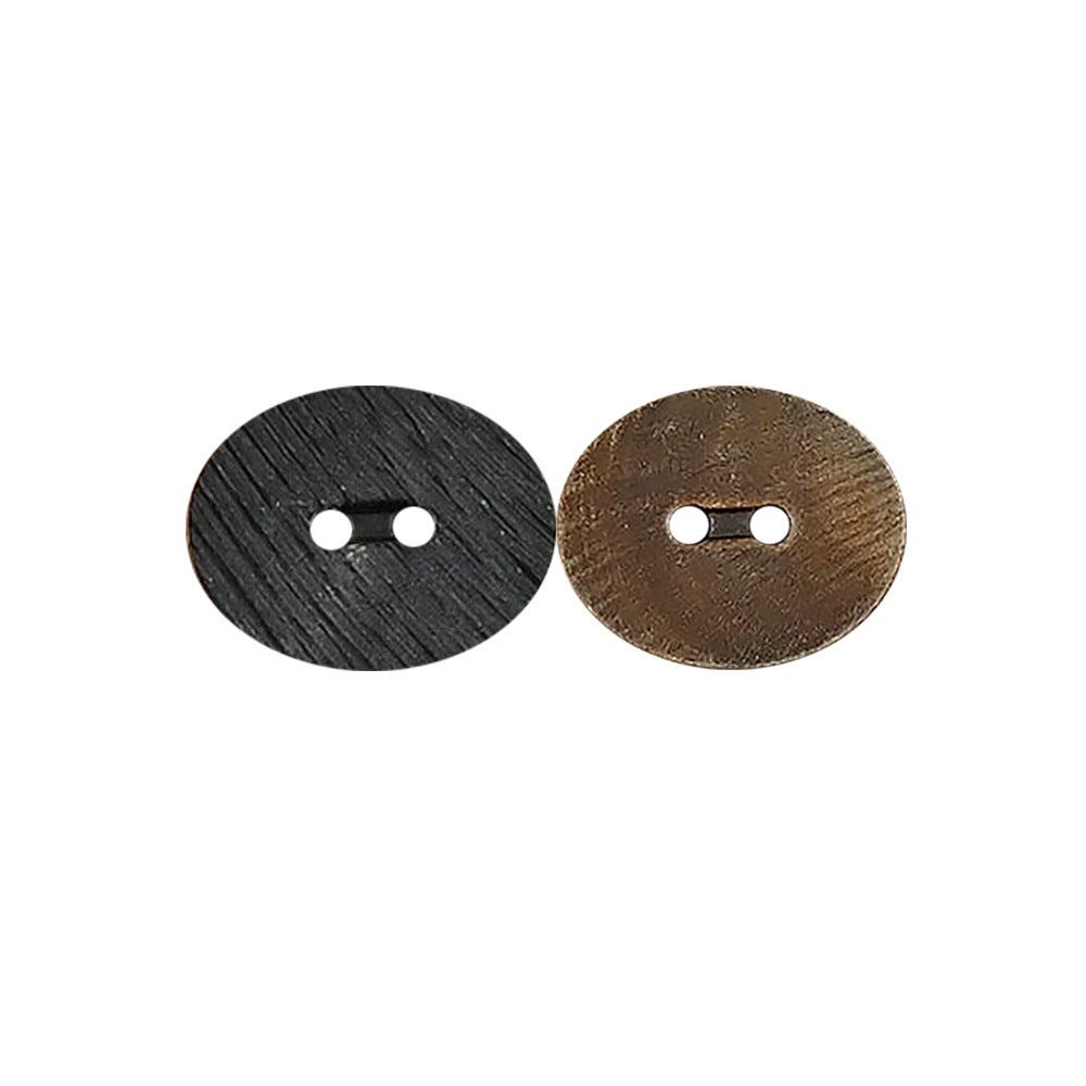 Oval 2-hole horn buttons, 25mm, black and burnt brown, cut texture pair