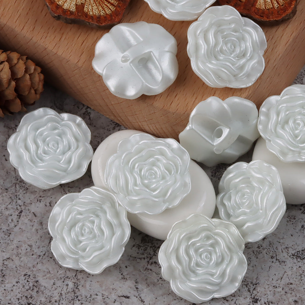 1 inch 3D Rose resin buttons, white glossy roses with hidden holes, 20 pcs