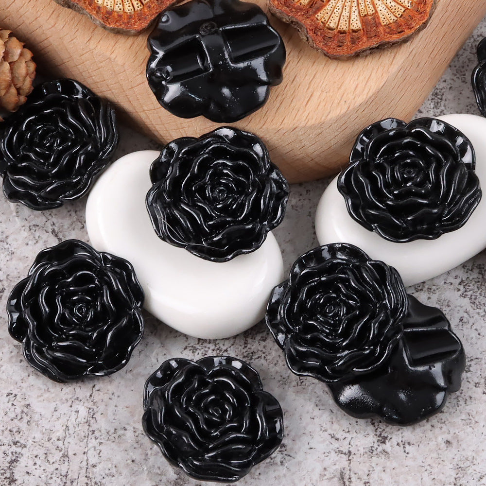 1 inch 3D Rose resin buttons, glossy black roses with hidden holes, 20 pcs