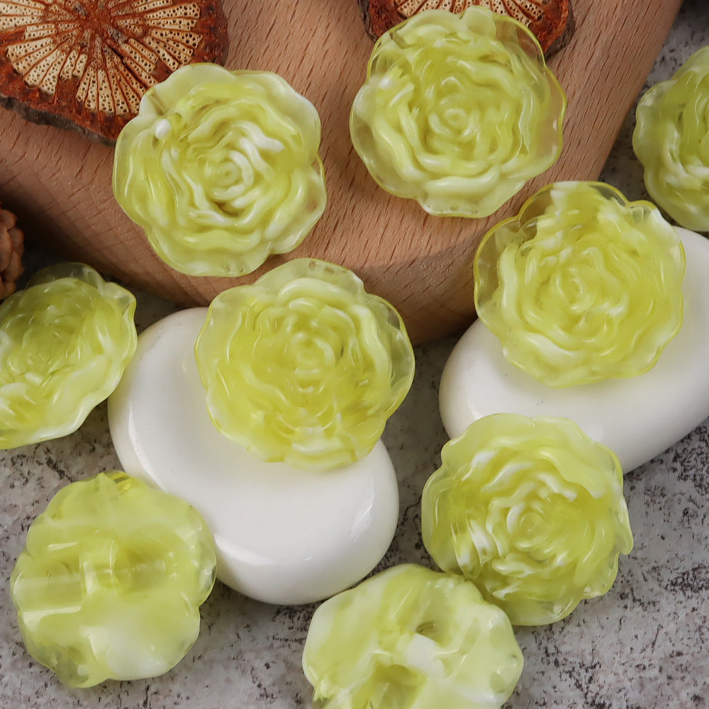 1 inch 3D Rose resin buttons, pale yellow-green translucent roses, 20 pcs