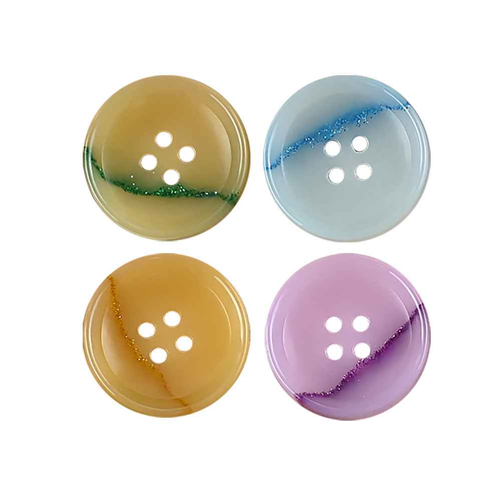 Round 4-hole urea buttons set in yellow-green, sky blue, and purple