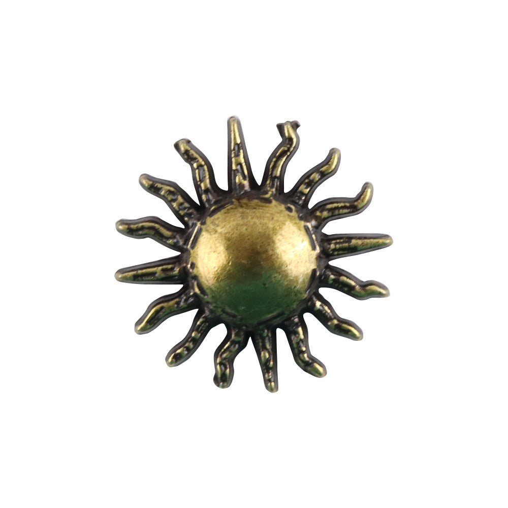 Gold sunflower metal shank button with dark center, embossed petal points