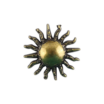 Gold sunflower metal shank button with dark center, embossed petal points