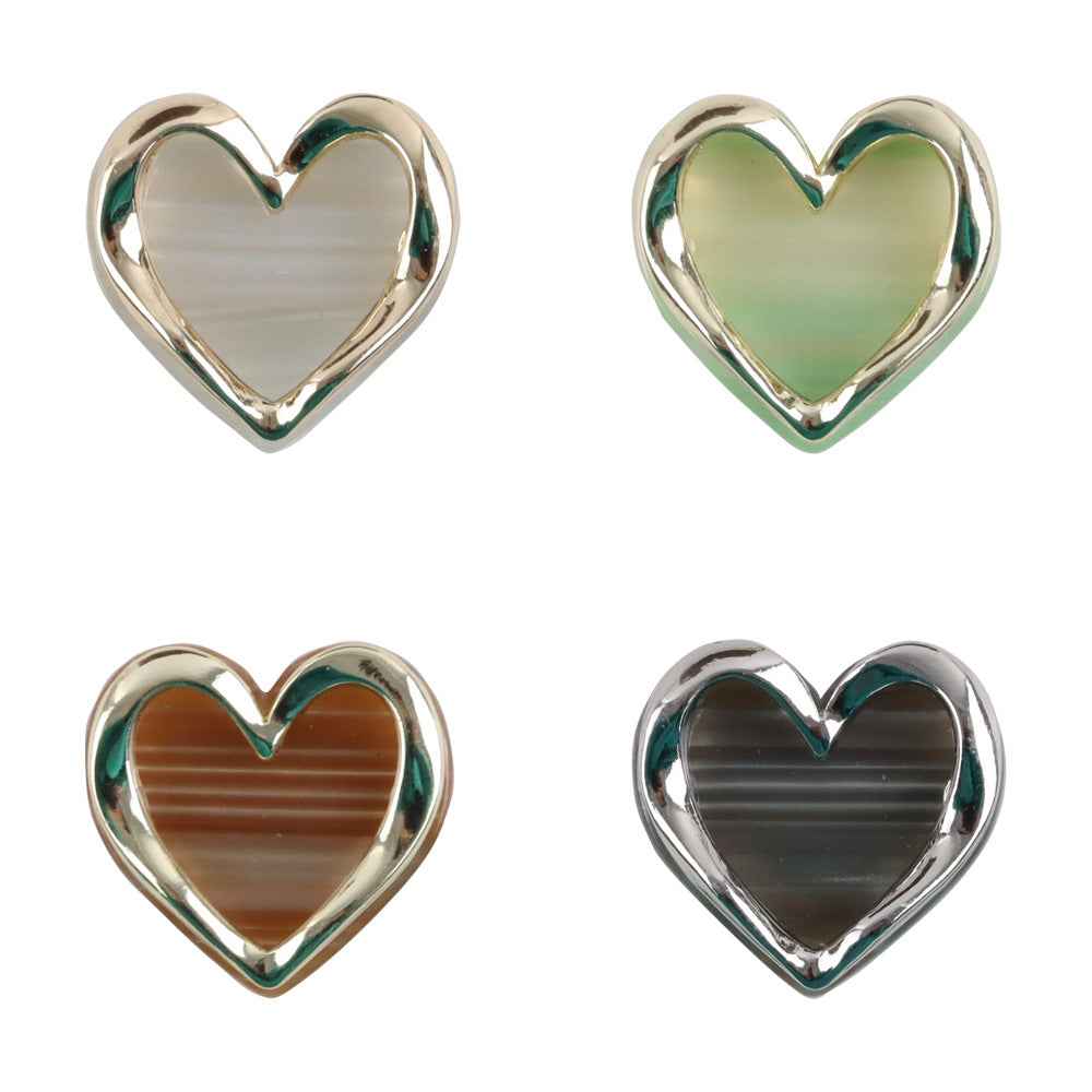 Heart-shaped resin metal shank buttons, beige and green faces with shiny chrome border