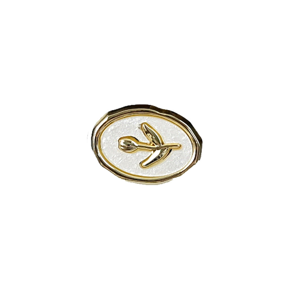 Tulip oval metal shank button, gold-tone rim, tulip emblem on white base