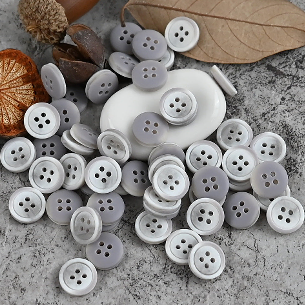 11mm resin shirt buttons, white and light gray mix, round four-hole faces