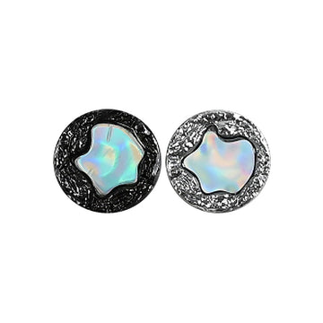 Glitter metal shank button set, black finish with iridescent opal-like center, 18–25mm