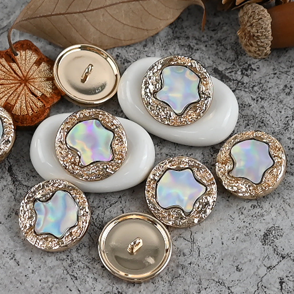 Gold glitter shank button fronts with iridescent opal-like centers and metal shanks