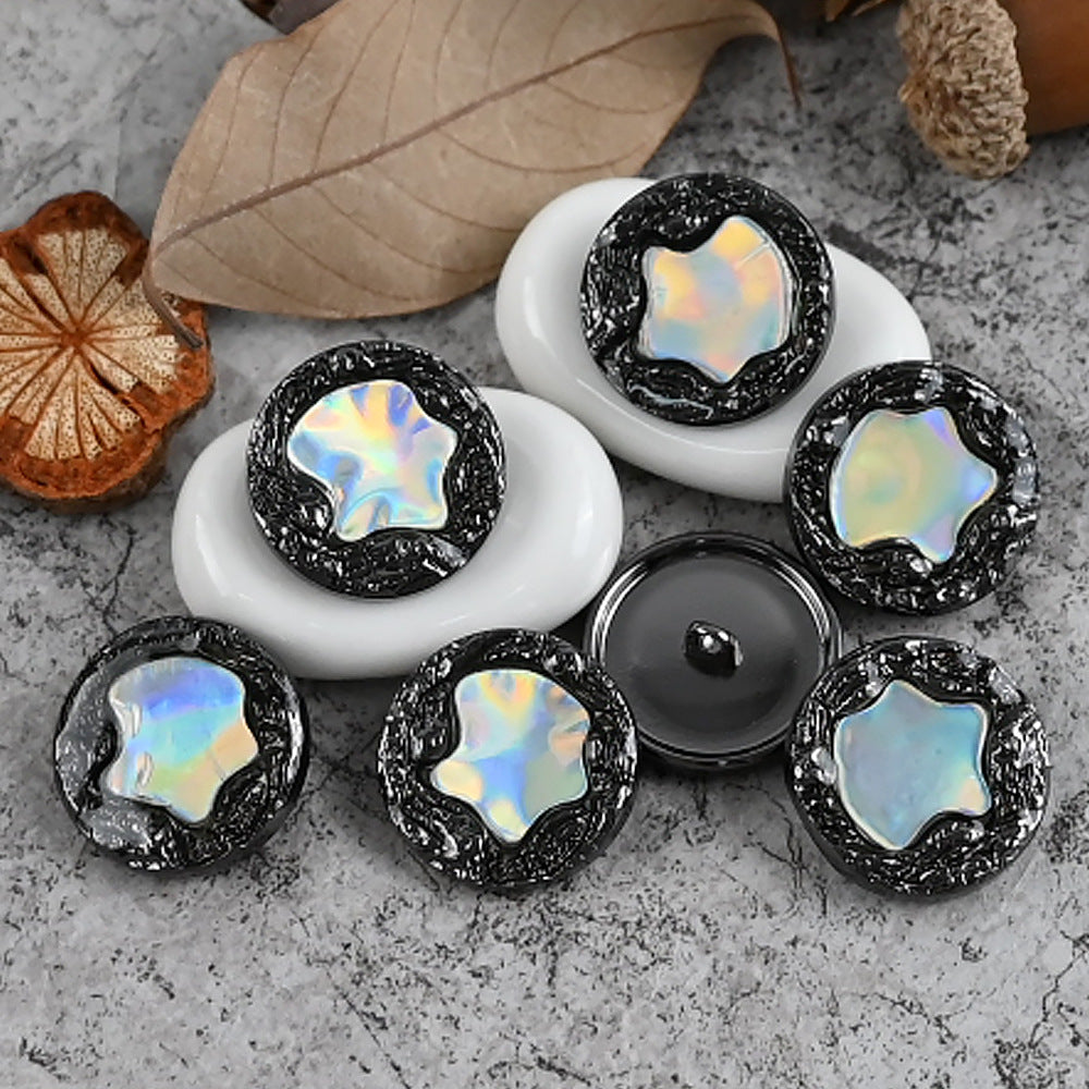 Black glitter metal shank button fronts with iridescent opal-like centers, mixed pack look