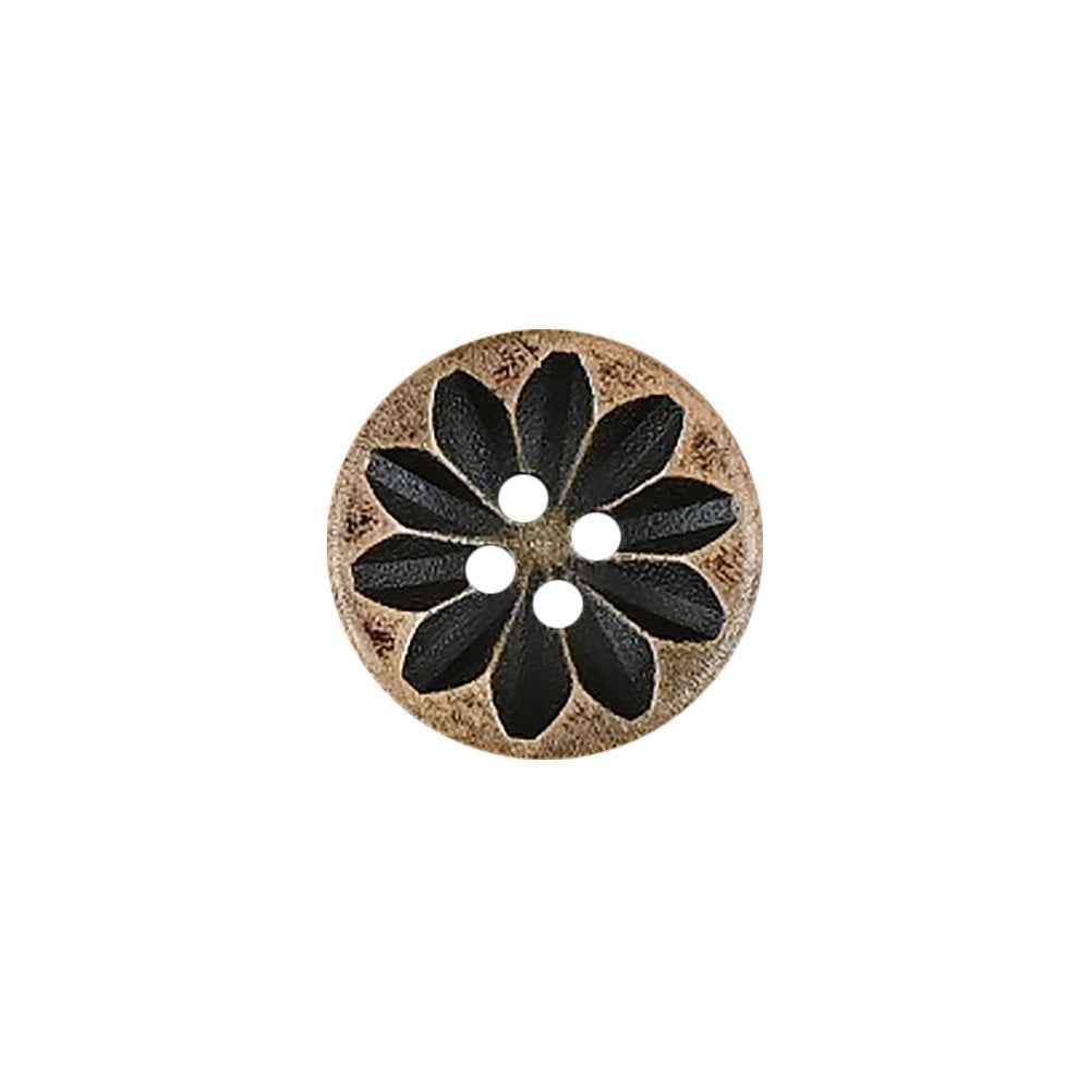 Vintage wood flower button, distressed laser engraving, 4-hole design
