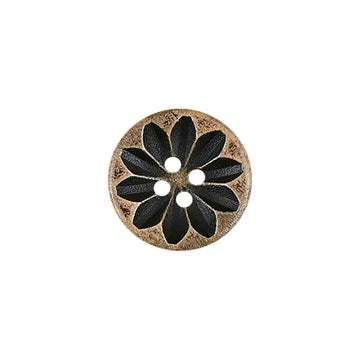Vintage wood flower button, distressed laser engraving, 4-hole design
