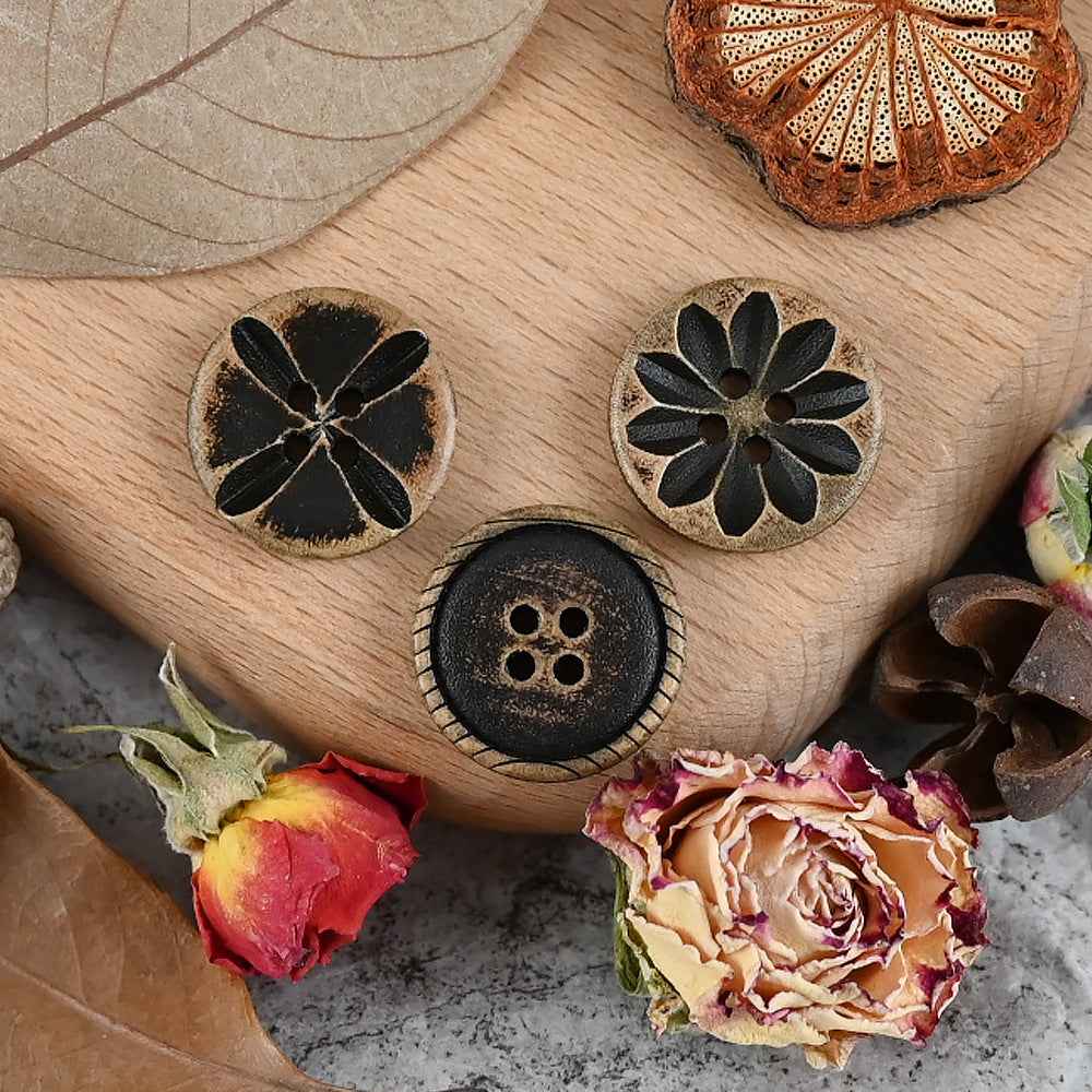 Assorted wood buttons: slim edge 4-hole and flower engraved styles, distressed
