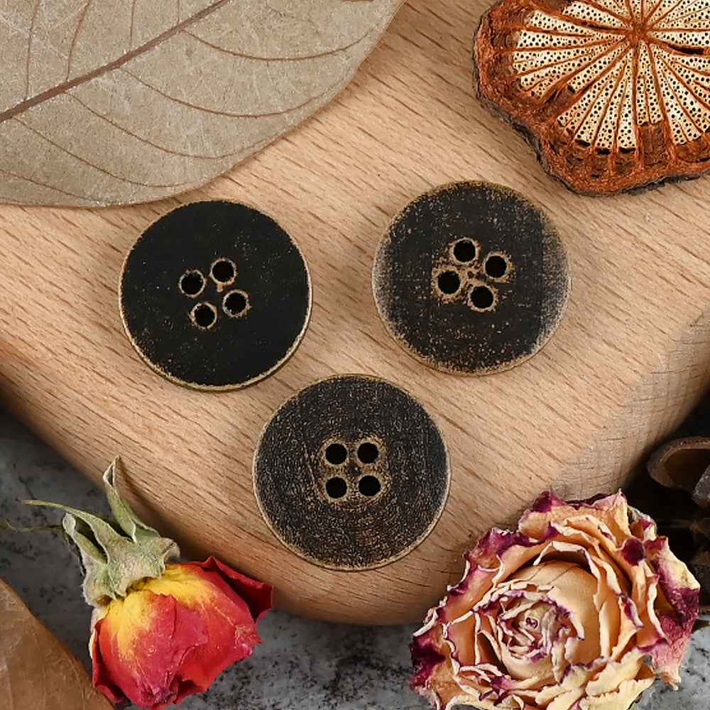 Distressed dark wood slim edge button with 4 holes on the front