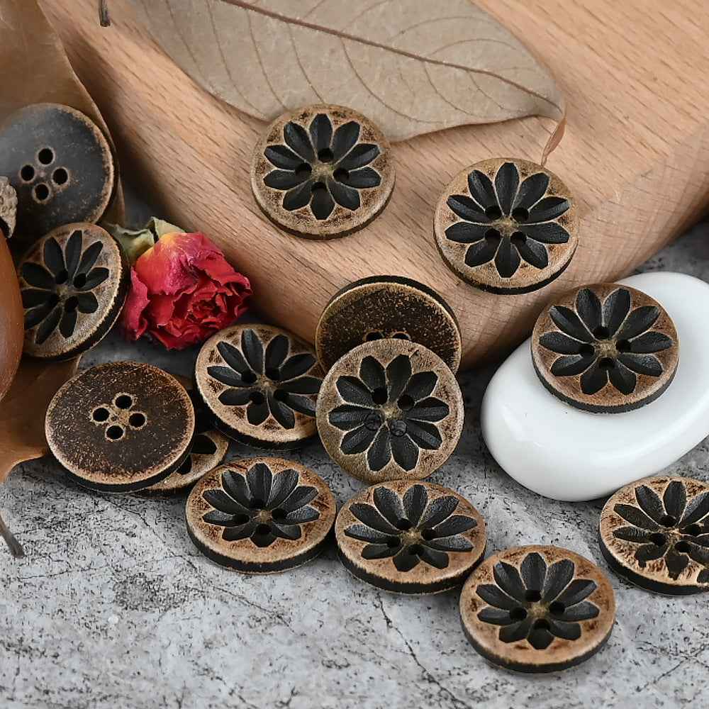 Distressed wood flower buttons with laser-engraved petals, 4-hole design