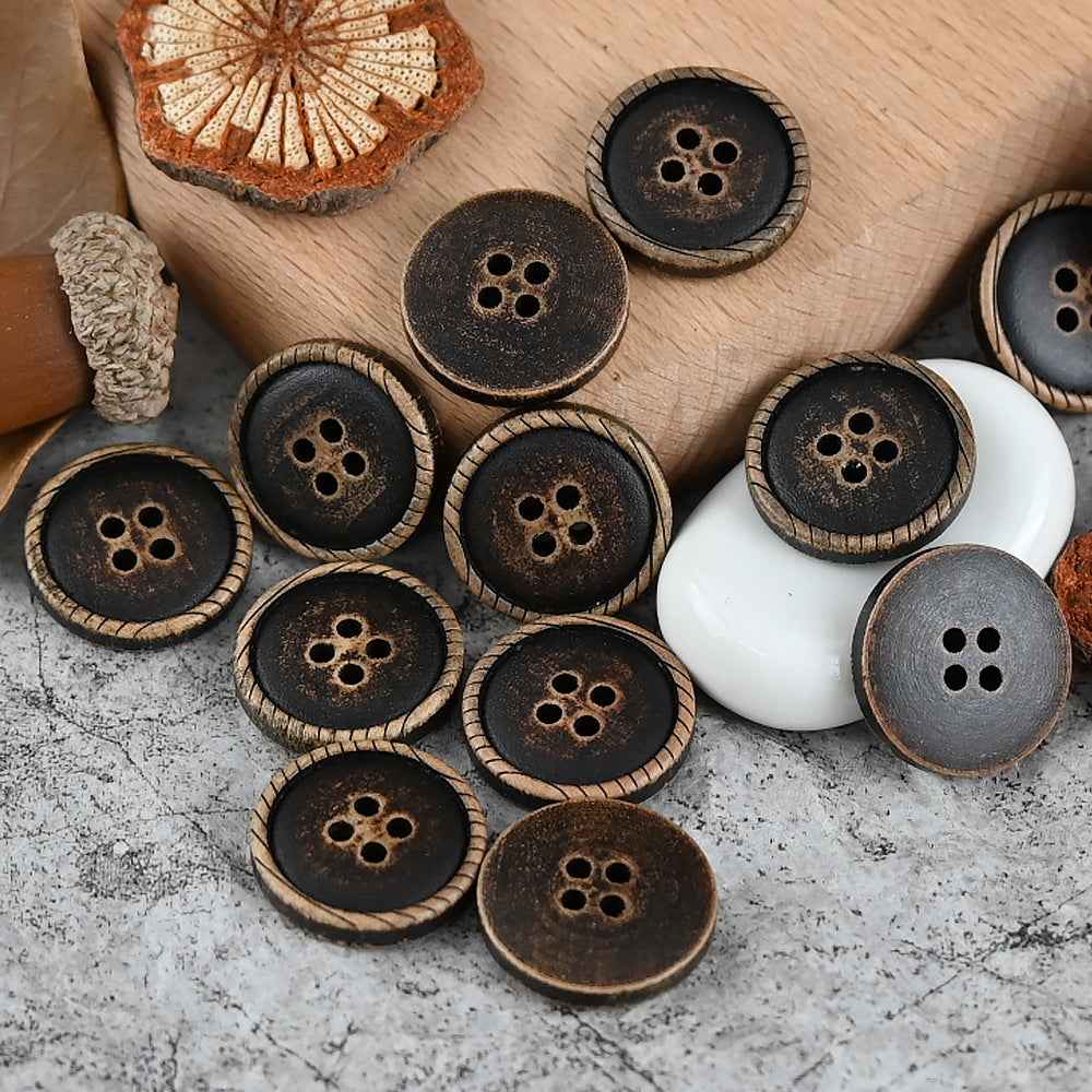 Set of distressed dark wood slim edge buttons, round, 4-hole fronts