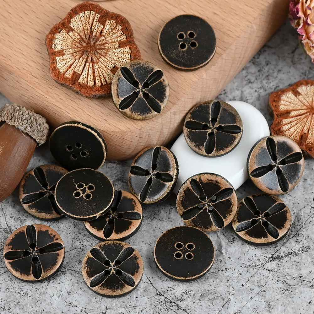 Mixed wood buttons: flower engraved and slim edge styles, distressed with 4 holes
