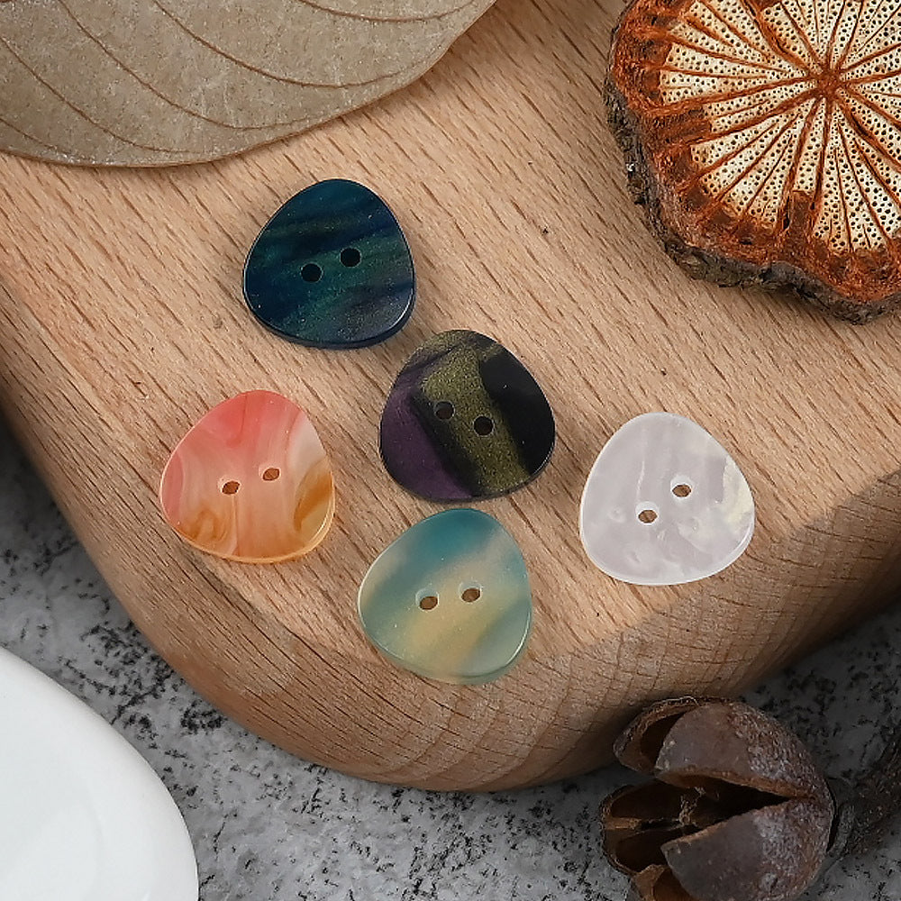 12mm triangular resin buttons in dark blue, olive and white tones, 2-hole