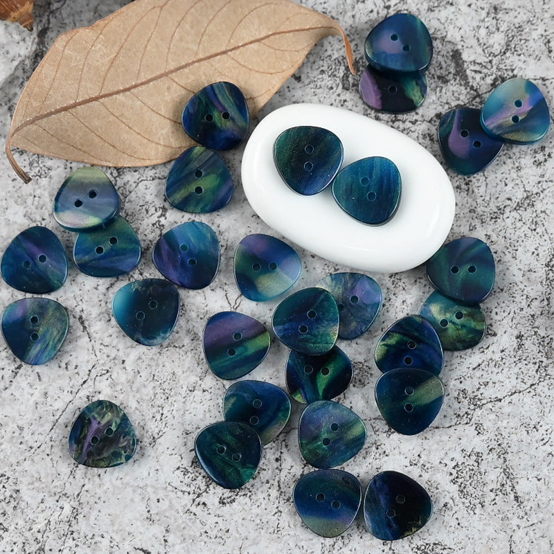 12mm triangular resin buttons, blue-green and purple marbled mix, 2-hole
