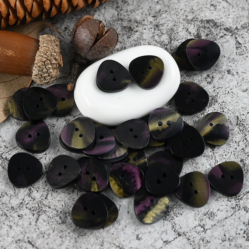 12mm triangular resin buttons, dark mix with purple and olive, 2-hole