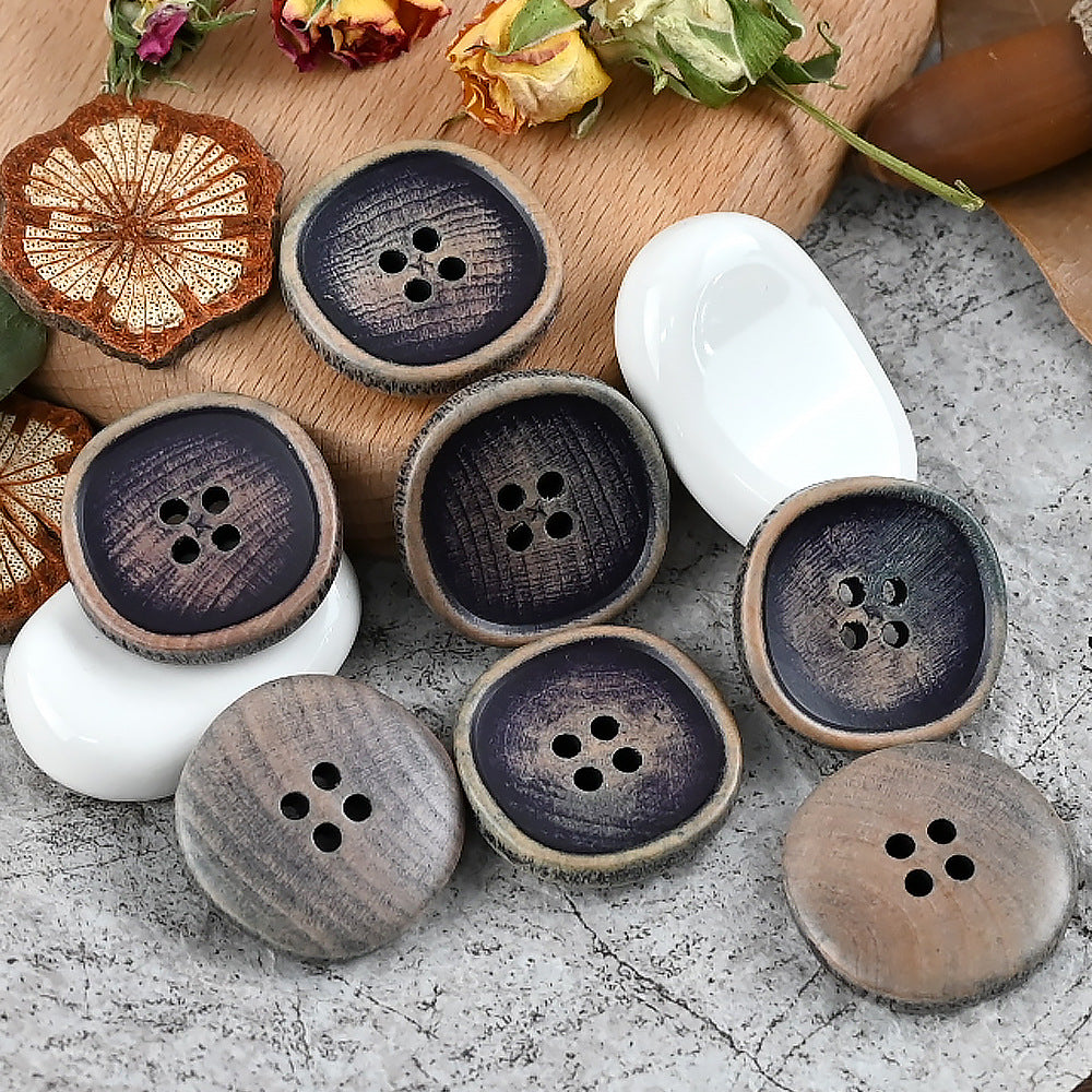 Dark purple wooden buttons with white backing, 4-hole round design, vintage, 30pcs