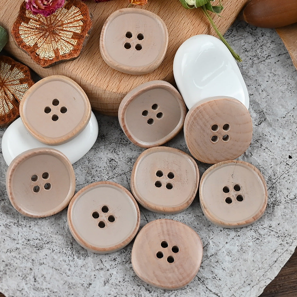 Beige and off-white wooden buttons, 4-hole round design, vintage style, 30pcs