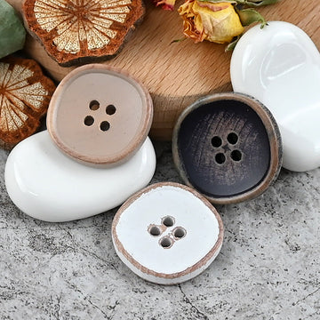 White and dark purple wooden buttons, 4-hole round design, vintage style, 30pcs