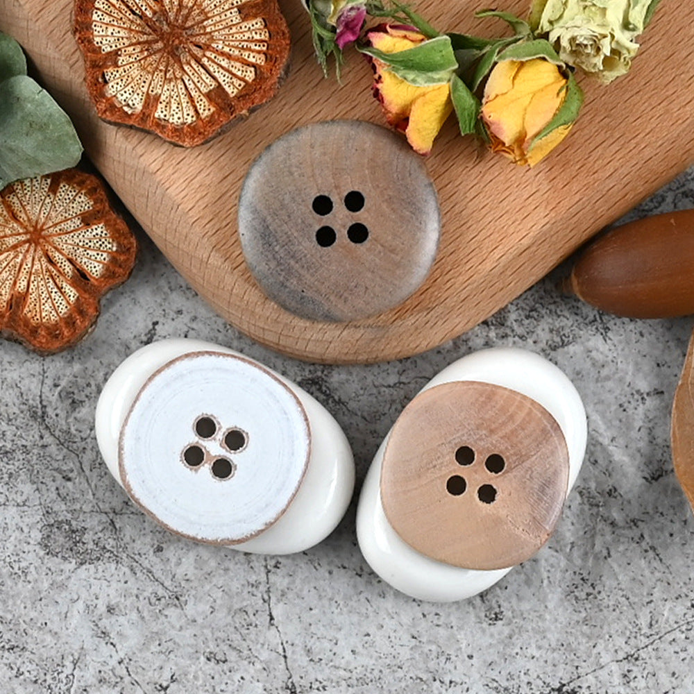 Beige and light wood wooden buttons with white backing, 4-hole round design, 30pcs