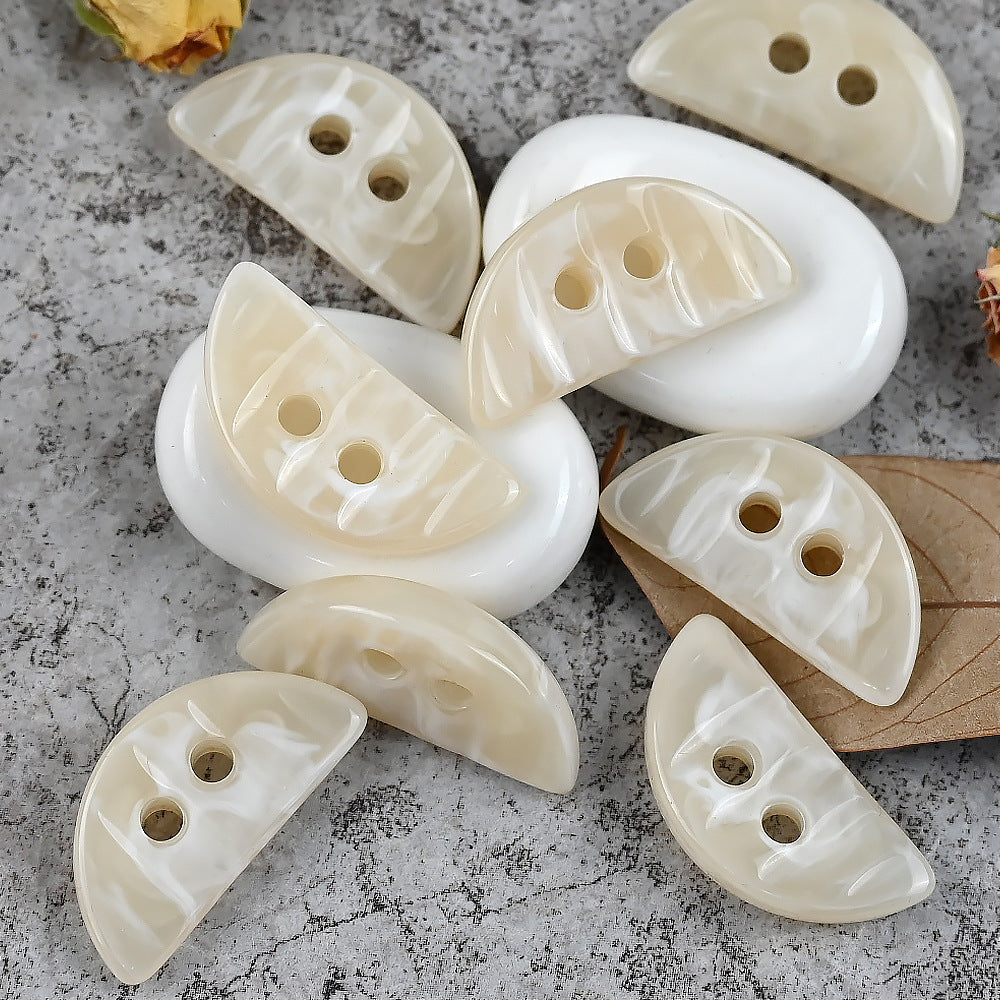 White resin coat buttons, semi-circular, two-hole, double-sided, 33x16mm