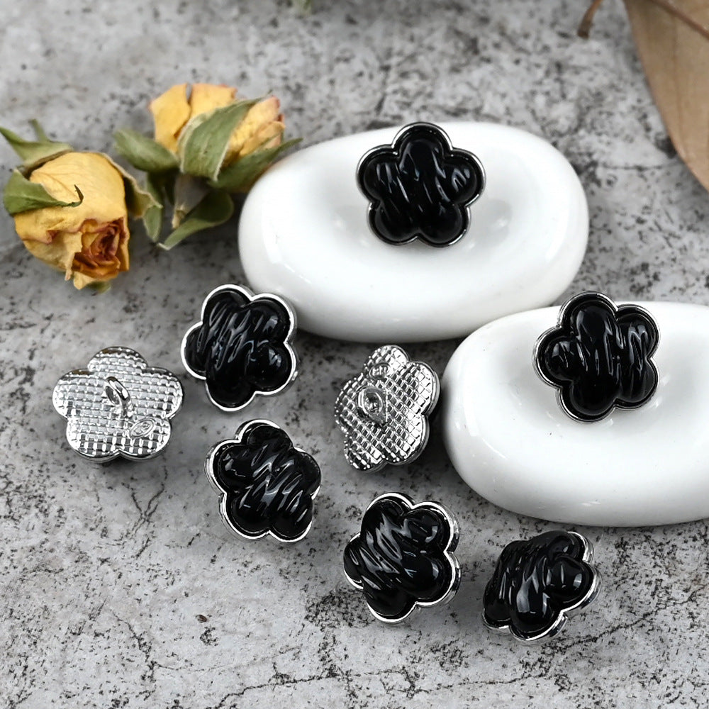 3D floral resin buttons with shank, black center and silver rim, 14mm