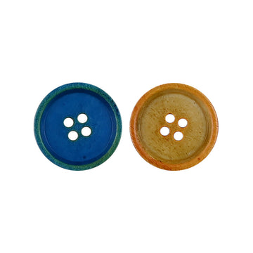 Round vintage 4-hole cow bone buttons, blue and beige/brown tones