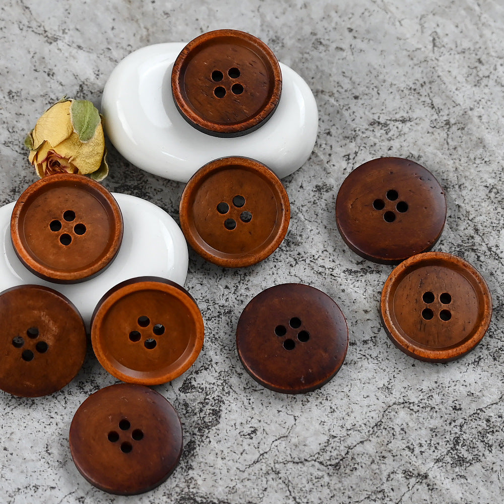 Brown round 4-hole cow bone buttons with dark rim, vintage Chinese style