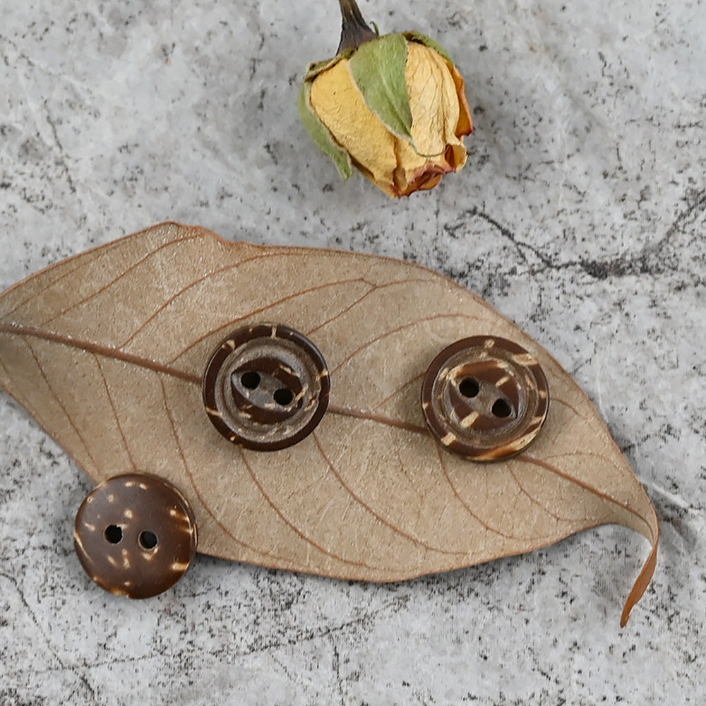 Natural coconut shell buttons, dark brown, round, 2-hole designs with ring texture