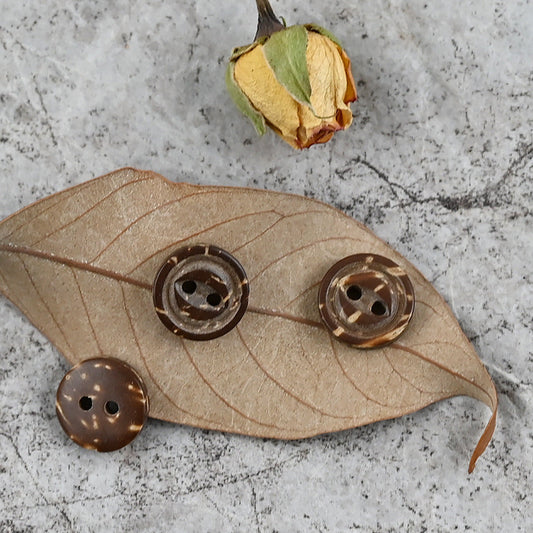 Natural coconut shell buttons, dark brown, round, 2-hole designs with ring texture